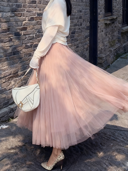 Elegant Pink Wrinkled High Waist Tulle Skirt Spring