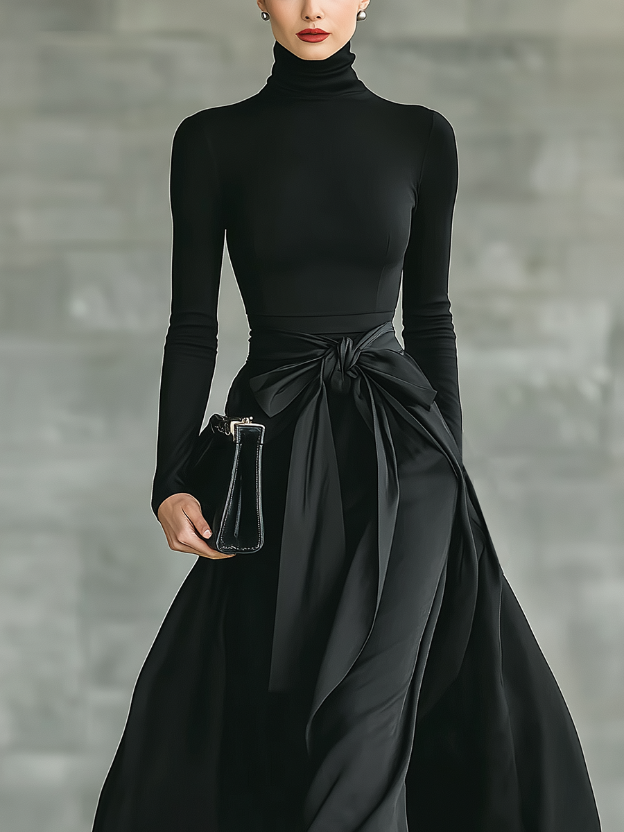 Women's Black High-Neck High-Stretch Knitted And Satin Flared Maxi Dress