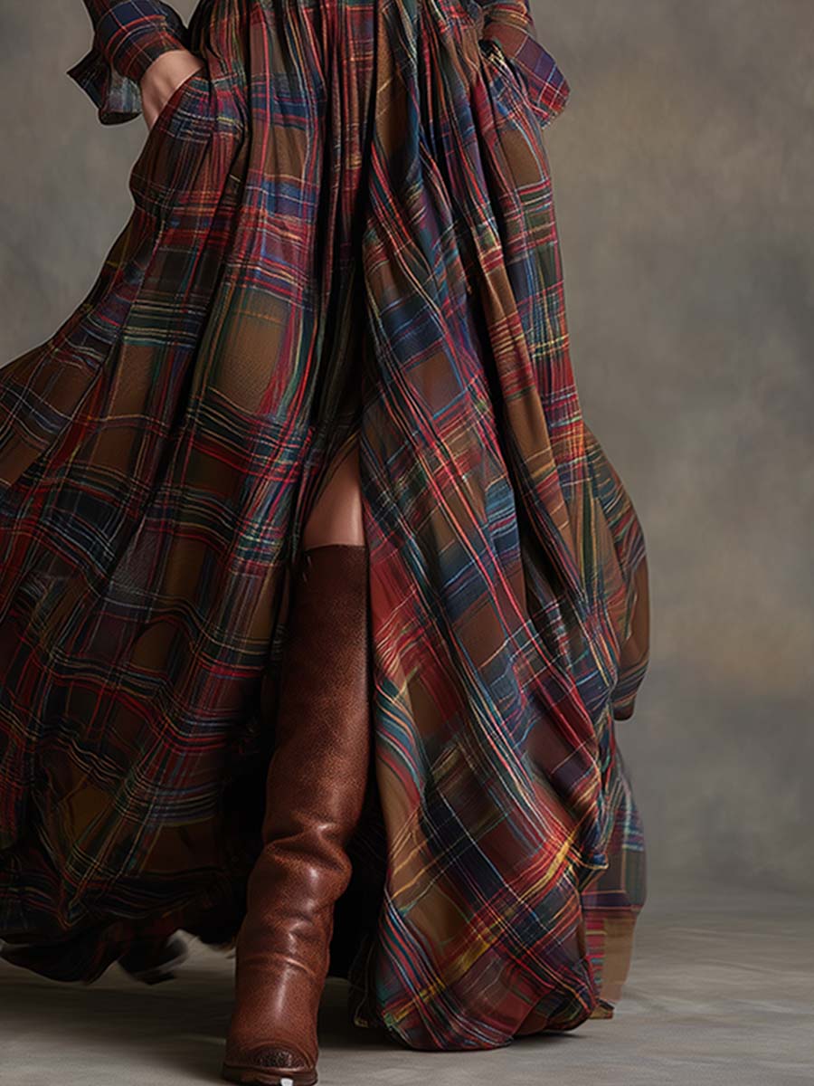Retro Ethnic Style Lapel Reddish Brown Plaid Maxi Dress