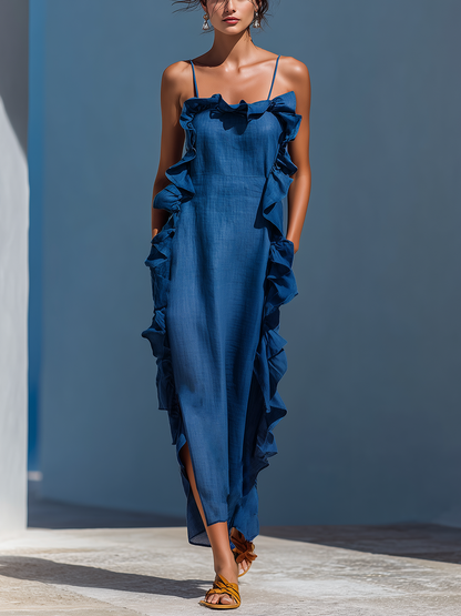 Women’s Blue Linen-Blend Spaghetti Strap Ruffle Trim Maxi Dress With Slit