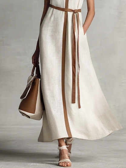 Women's Sleeveless V-Neck Tie-Waist Cotton Linen Maxi Dress