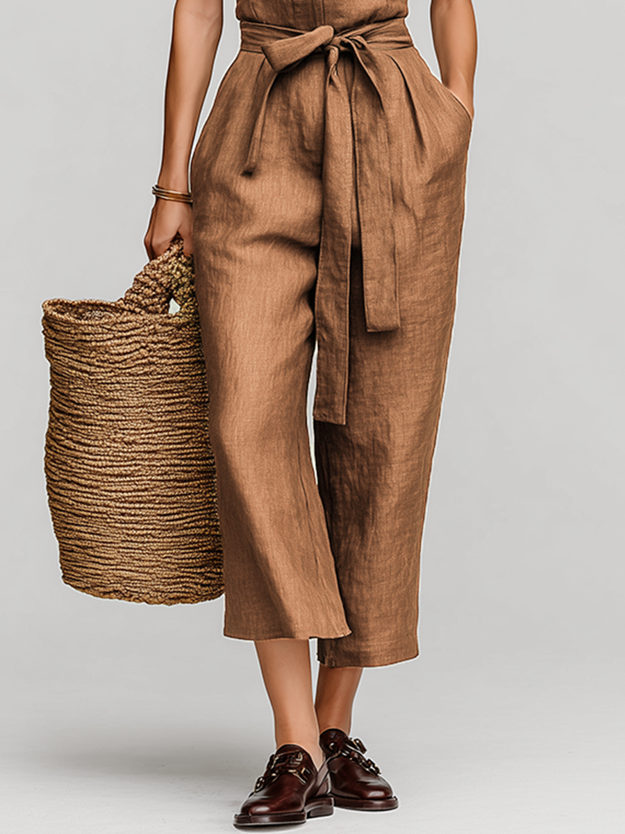 Women's Tobacco Brown Linen Jumpsuit With Self-Tie Waist & Collared V-Neck, Timeless Resort-Casual Style Jumpsuit