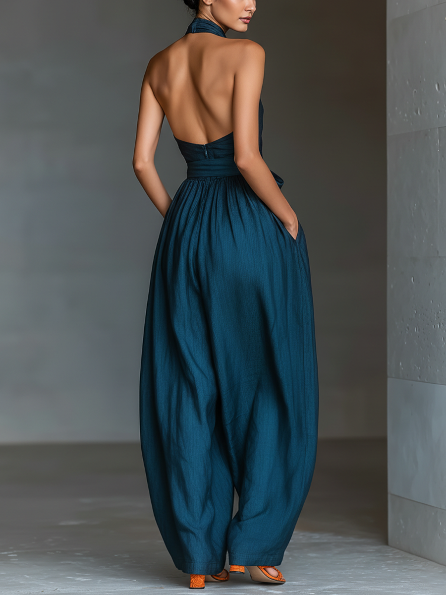 Women's Navy Blue Linen Fabric Cross Halter Wide-Leg Jumpsuit With Tie Waist & Side Pockets