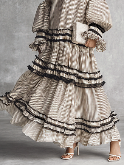 Women's Boho Striped Ruffle Tiered Cotton Blend Long Sleeve Maxi Dress