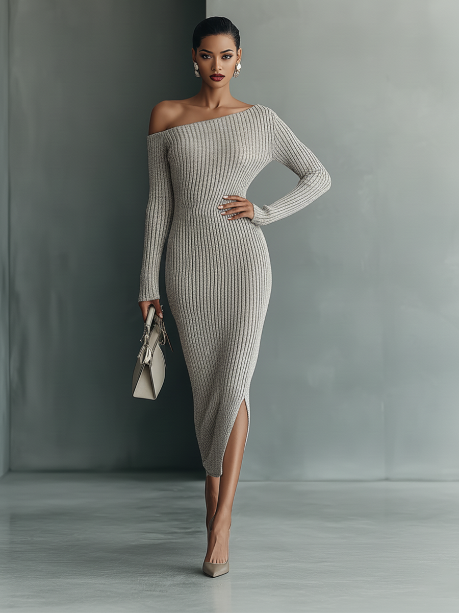 Women's Gray One-shoulder Knitted Dress