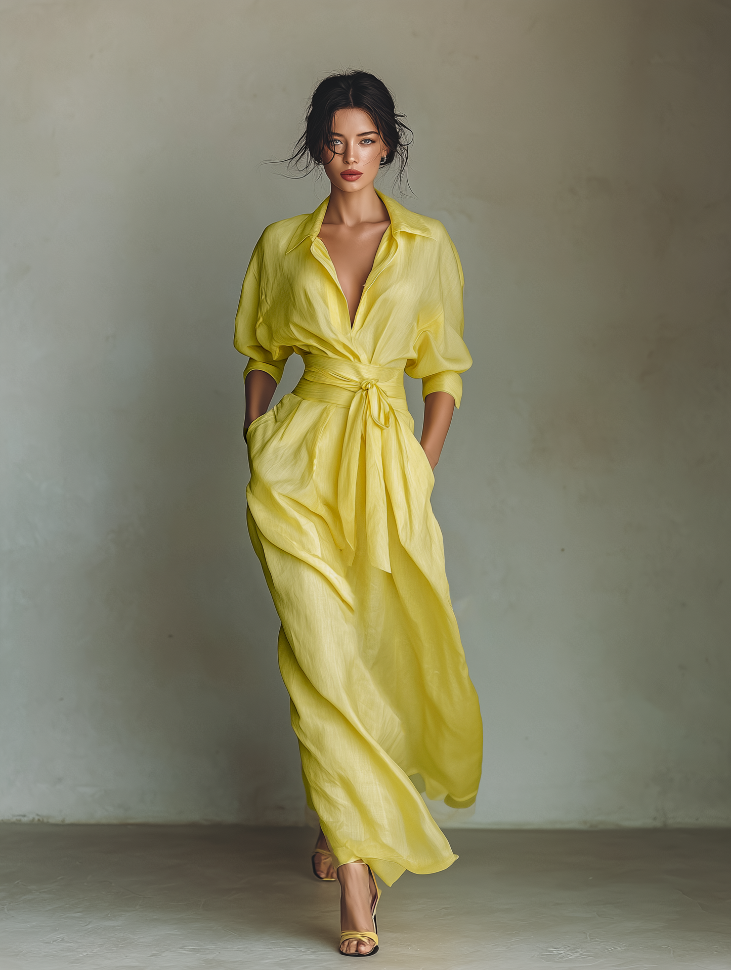 Women's Lemon Yellow Cotton And Linen Blend Maxi Shirt Dress With Tie Waist & Half Sleeves