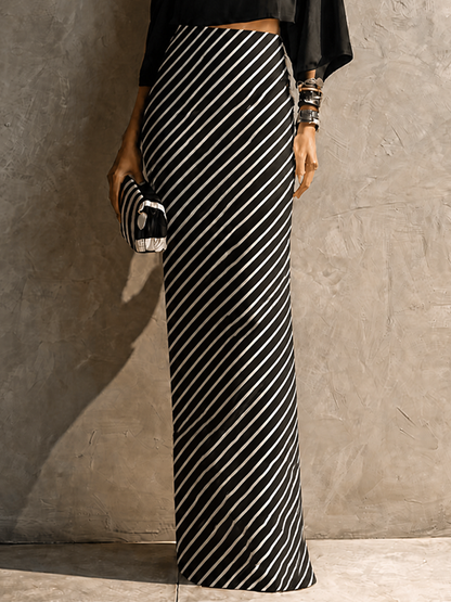 Women's Modern Elegant Black White Knit Cotton Blend One-Shoulder Striped Maxi Skirt Set