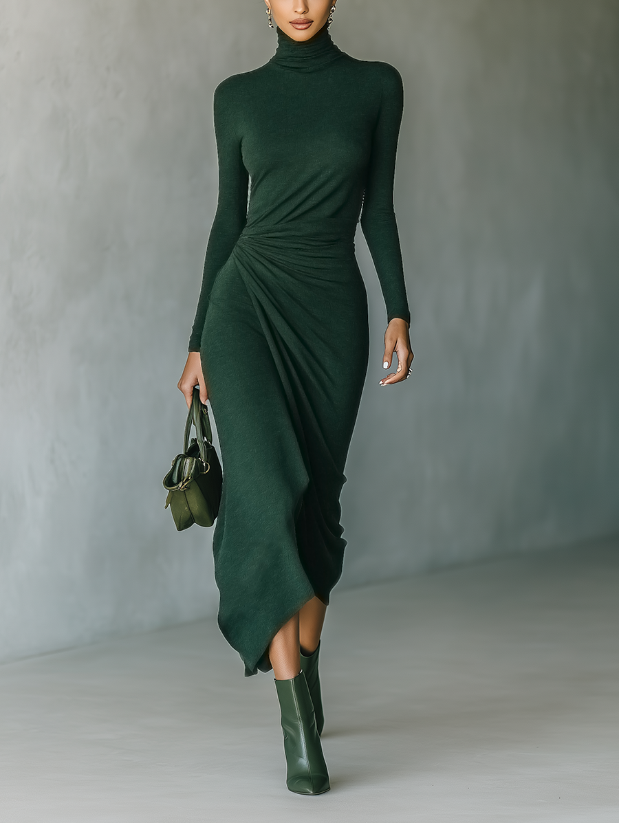 Women's Dark Green High-elastic Knitted High-neck Wrap Dress Midi Dress