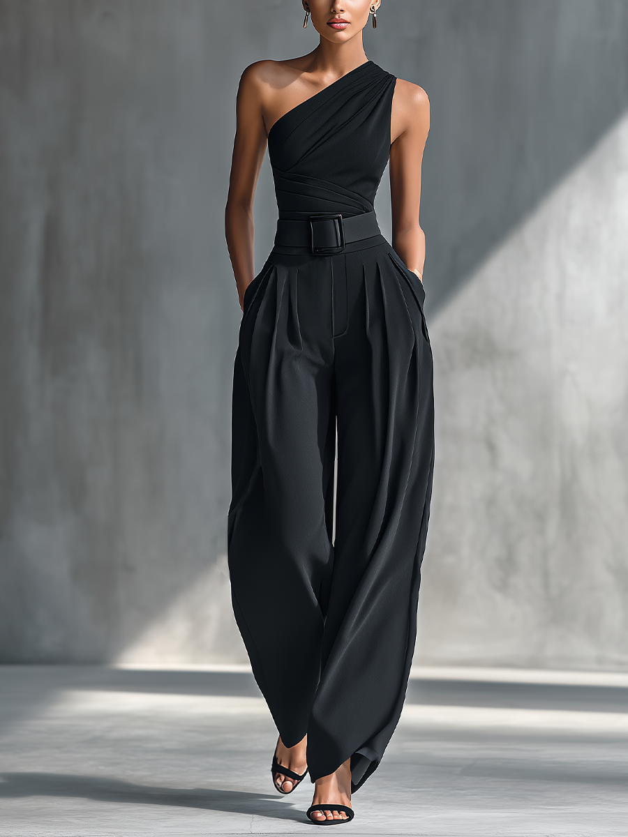 Women's Black High-elastic Knit Top And Acetate Wide-leg Pants