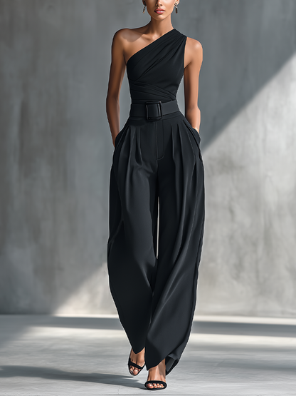 Women's Black High-elastic Knit Top And Acetate Wide-leg Pants