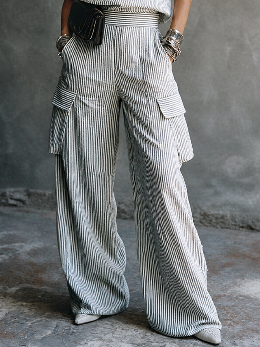 Women's Casual Vacation Gray White Cotton Blend Striped Wrap Top Cargo Pocket Wide-Leg Pants Set