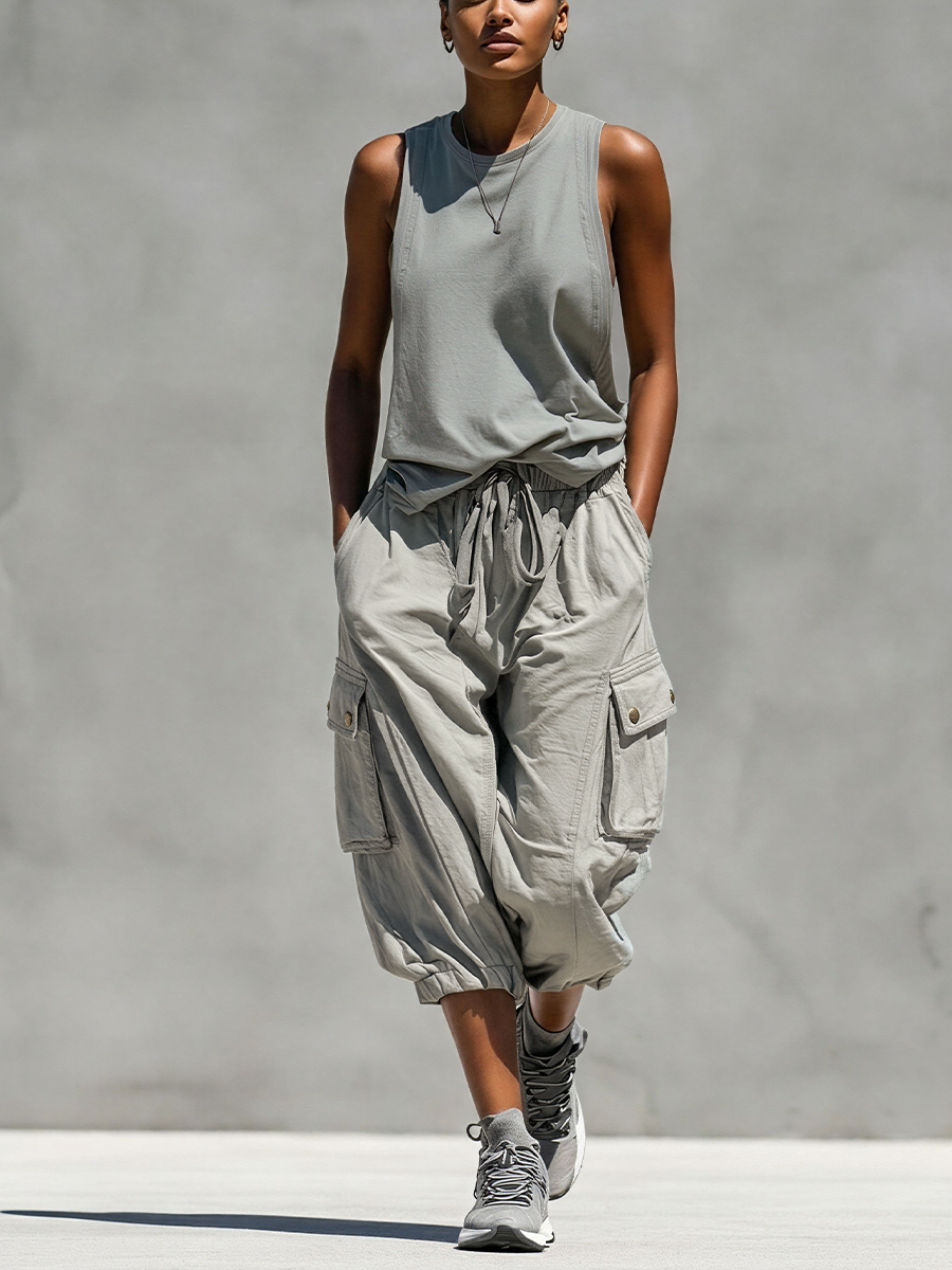 Women’s Grey Sleeveless Tank Top & Cargo Jogger Shorts Two-Piece Set