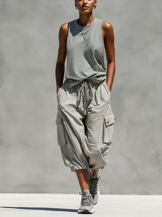 Women’s Grey Sleeveless Tank Top & Cargo Jogger Shorts Two-Piece Set
