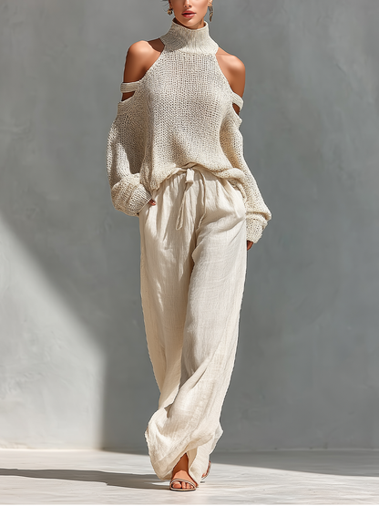 Women's Beige Knit Fabric Cold-Shoulder Turtleneck Top & Wide-Leg Pants Set