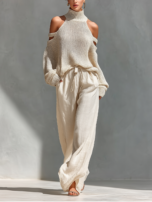 Women's Beige Knit Fabric Cold-Shoulder Turtleneck Top & Wide-Leg Pants Set