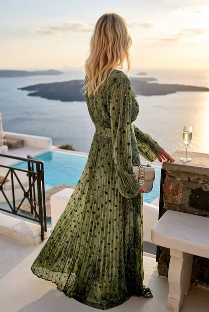 Vacation Elegant Polka Dot Patchwork Sequined V Neck A Line Dresses