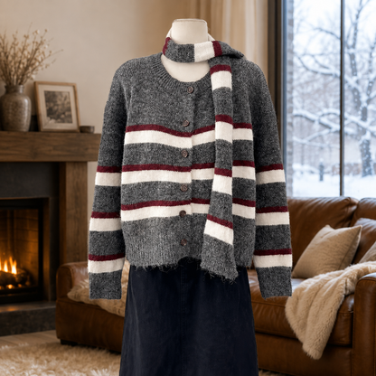 Women's Striped Wool Cardigan with Scarf – Relaxed-Fit Button-Front Knit Sweater