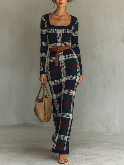 Women's Minimalist Check Knit Belted Square Neck Maxi Dress