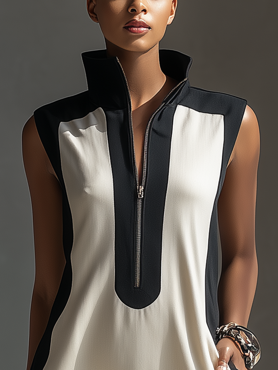 Women's Black & White Color-Block Mini Dress With Stand Collar & Half-Zip Detail