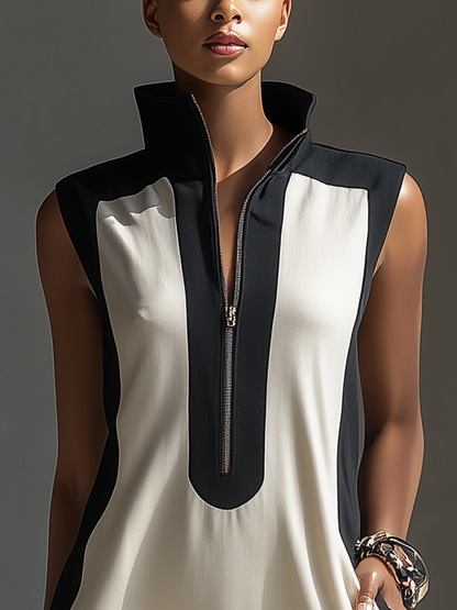 Women's Black & White Color-Block Mini Dress With Stand Collar & Half-Zip Detail