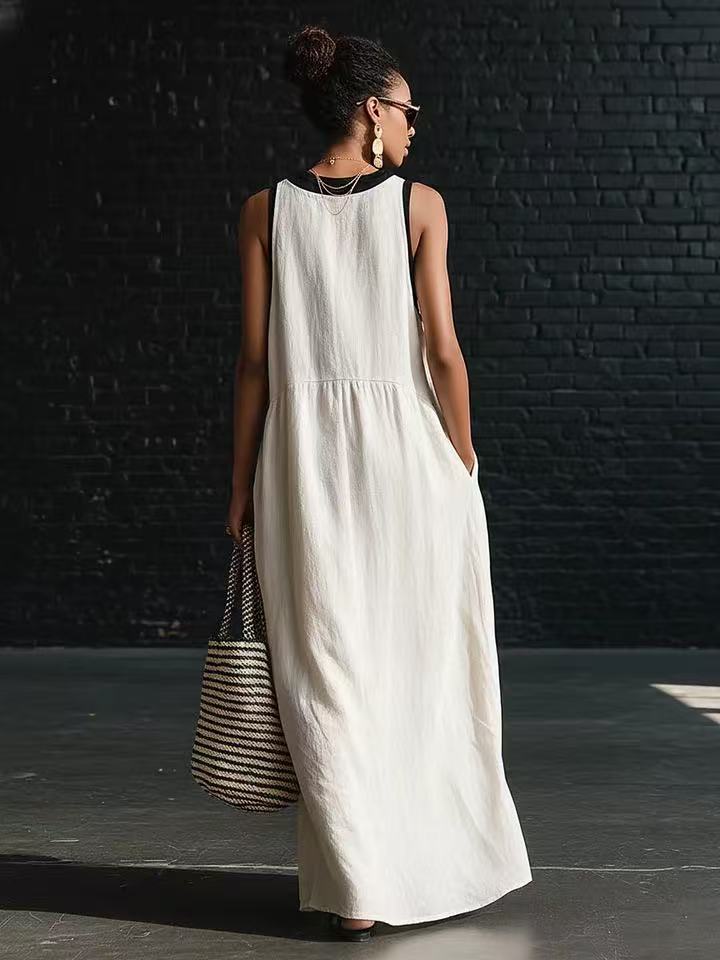 Casual Loose White V Neck Patchwork Cotton Dresses Sleeveless