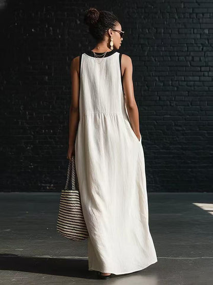 Casual Loose White V Neck Patchwork Cotton Dresses Sleeveless