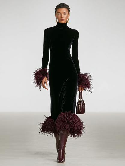 Women's Minimalist Velvet Patchwork Faux Ostrich Feather Cuffs And Hem Maxi Dress