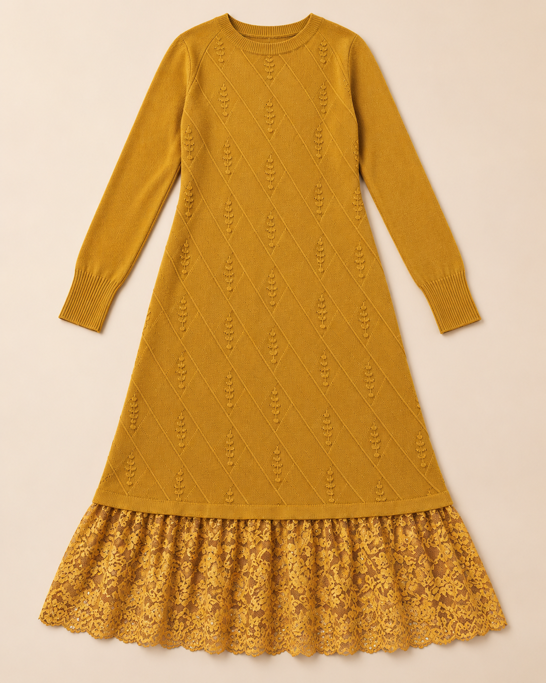 Women's Wool Sweater Dress – Lace Hem Long Sleeve Midi Knit Dress