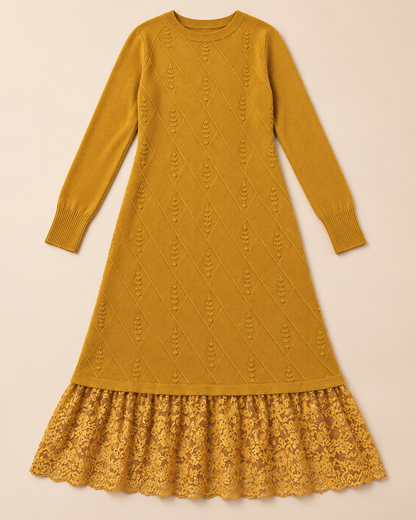 Women's Wool Sweater Dress – Lace Hem Long Sleeve Midi Knit Dress