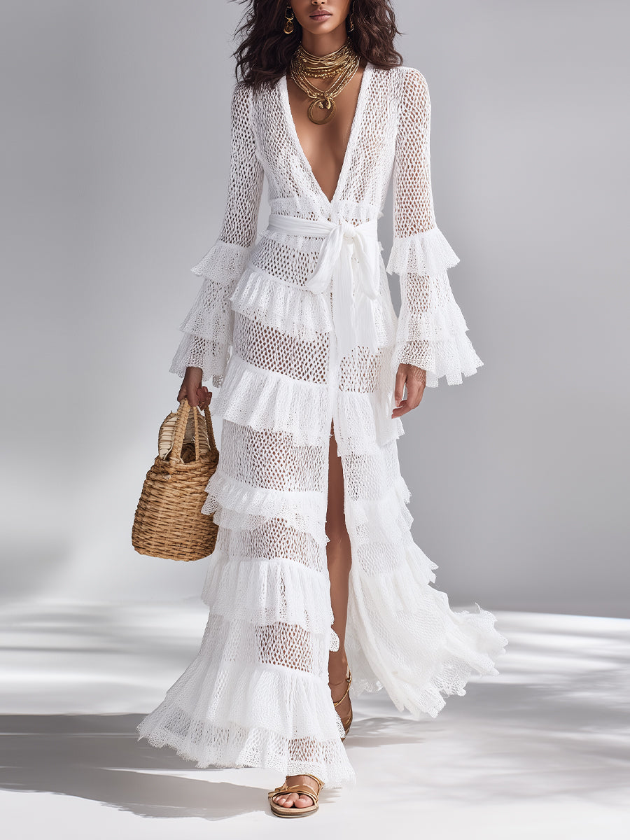 Women's Crisp White Crochet Knit Cardigan With Deep V-Neck & Layered Ruffles, Timeless Bohemian-Glam Style Cardigan