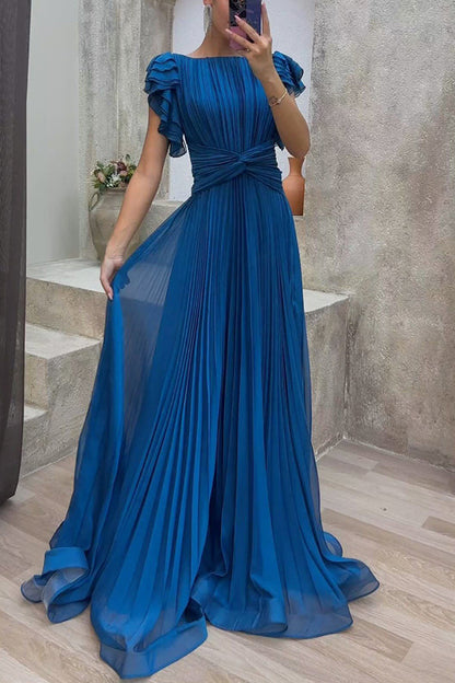Mocha Elegant Queen Pleated Ruffle Sleeve Cross Waist Maxi Dress