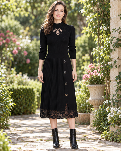Women's Ribbed Wool Sweater Dress – Cutout Neck Lace Hem Midi Dress