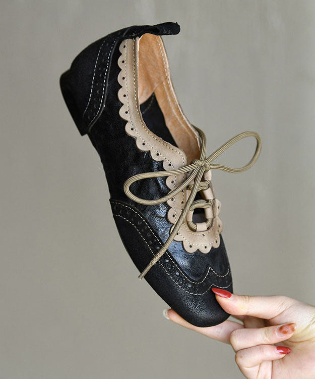 Elegant Black Sheepskin Lace Up Splicing Loafers