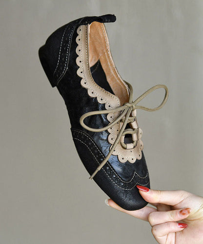 Elegant Black Sheepskin Lace Up Splicing Loafers