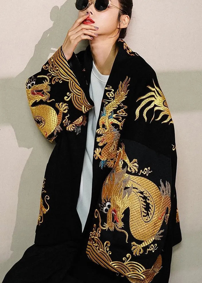 Trendy Gold Painted Dragon Oversized Cotton Cardigan Jacket