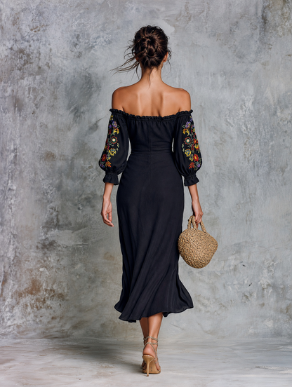 Women's Minimalist Strapless Embroidered Midi Dress With Three-Quarter Sleeves And Side-Slit Hem