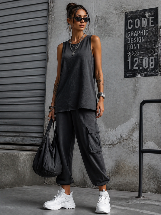 Women's Casual Style Dark Gray Cotton Blend Sleeveless Top + Jogger Cargo Pants Set