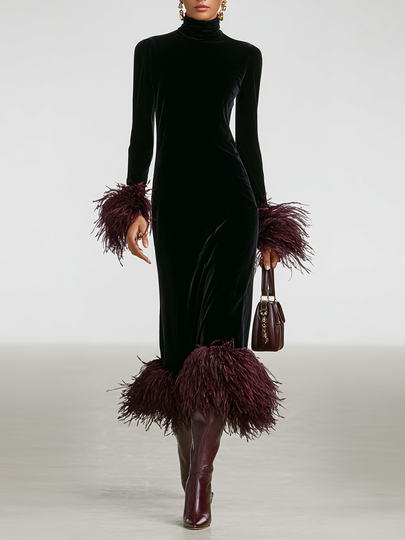 Women's Minimalist Velvet Patchwork Faux Ostrich Feather Cuffs And Hem Maxi Dress