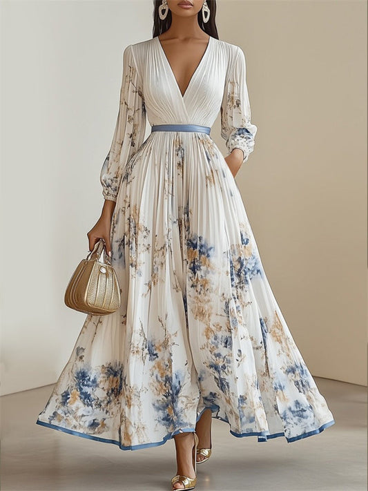 Women's Elegant White V-Neck Print Holiday Style Pleated Dress