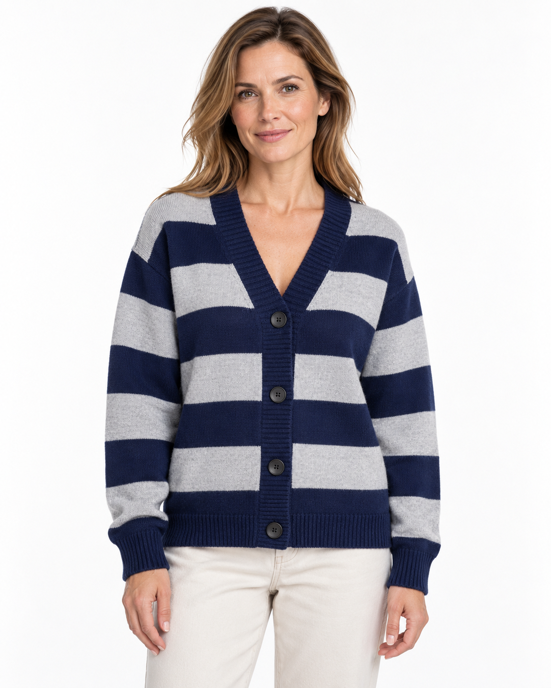 Women's Wide Stripe Cardigan – V-Neck Button-Up Knit Sweater