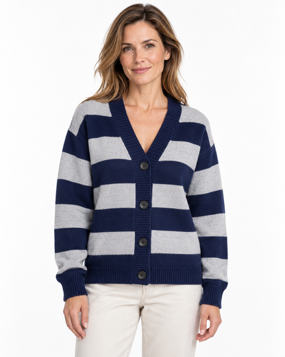 Women's Wide Stripe Cardigan – V-Neck Button-Up Knit Sweater