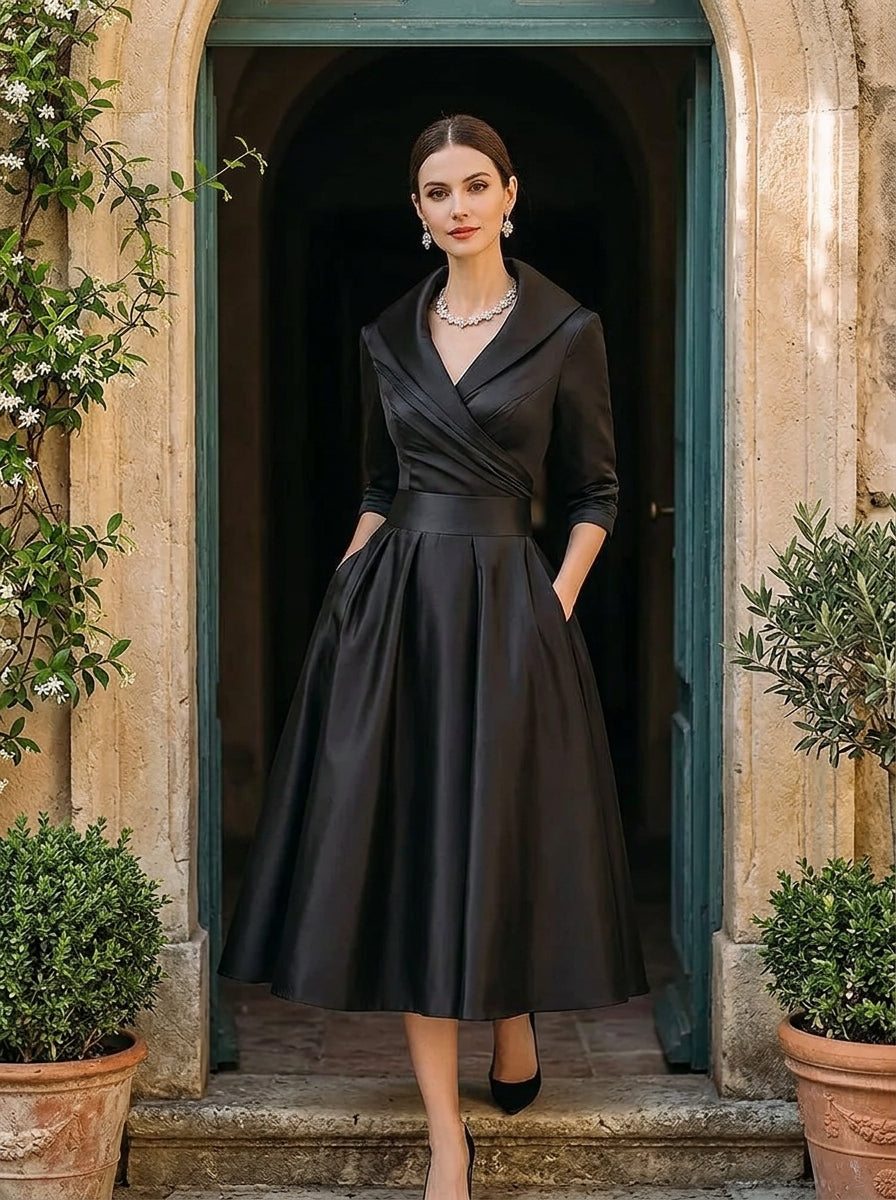 Elegant Satin Waist-Cinching Long-Sleeved Long Dress