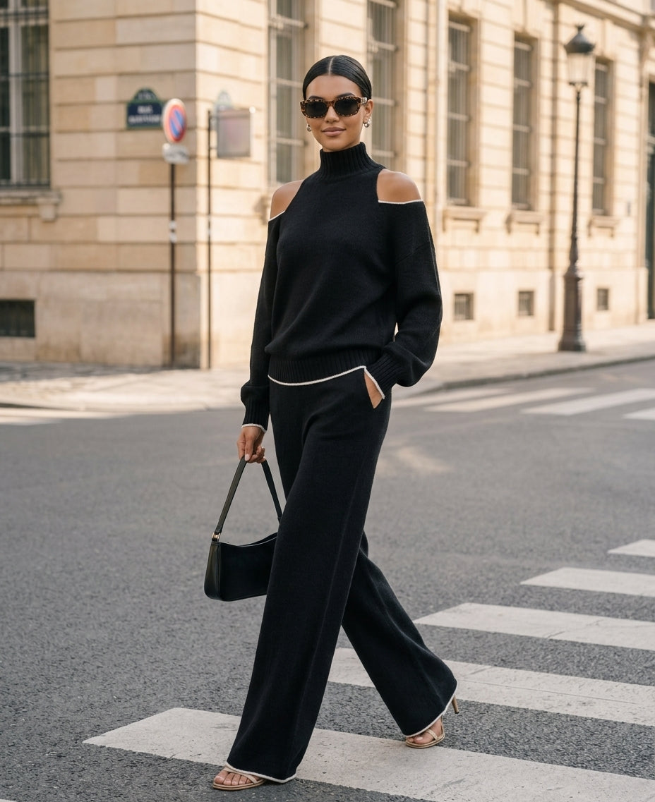 Women's Casual 2-Piece Set Black Long-sleeved Knit Top And Trousers