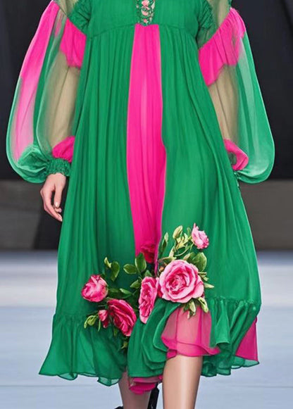 Classy Colorblock Oversized Patchwork Flower Chiffon Dress Fall