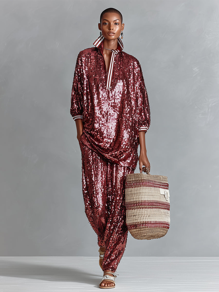 Women's Burgundy Glamorous Sequin Striped - Trimmed Oversized Loungewear Set