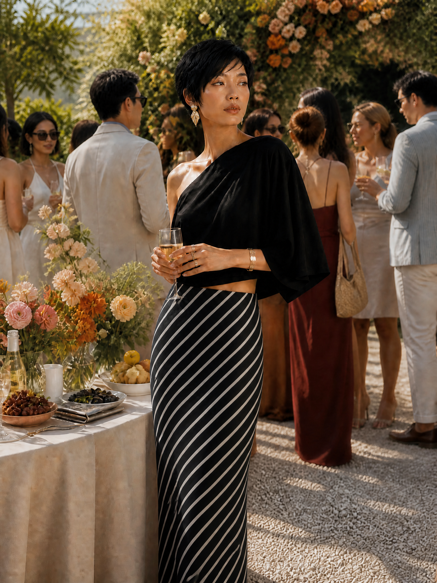 Women's Modern Elegant Black White Knit Cotton Blend One-Shoulder Striped Maxi Skirt Set