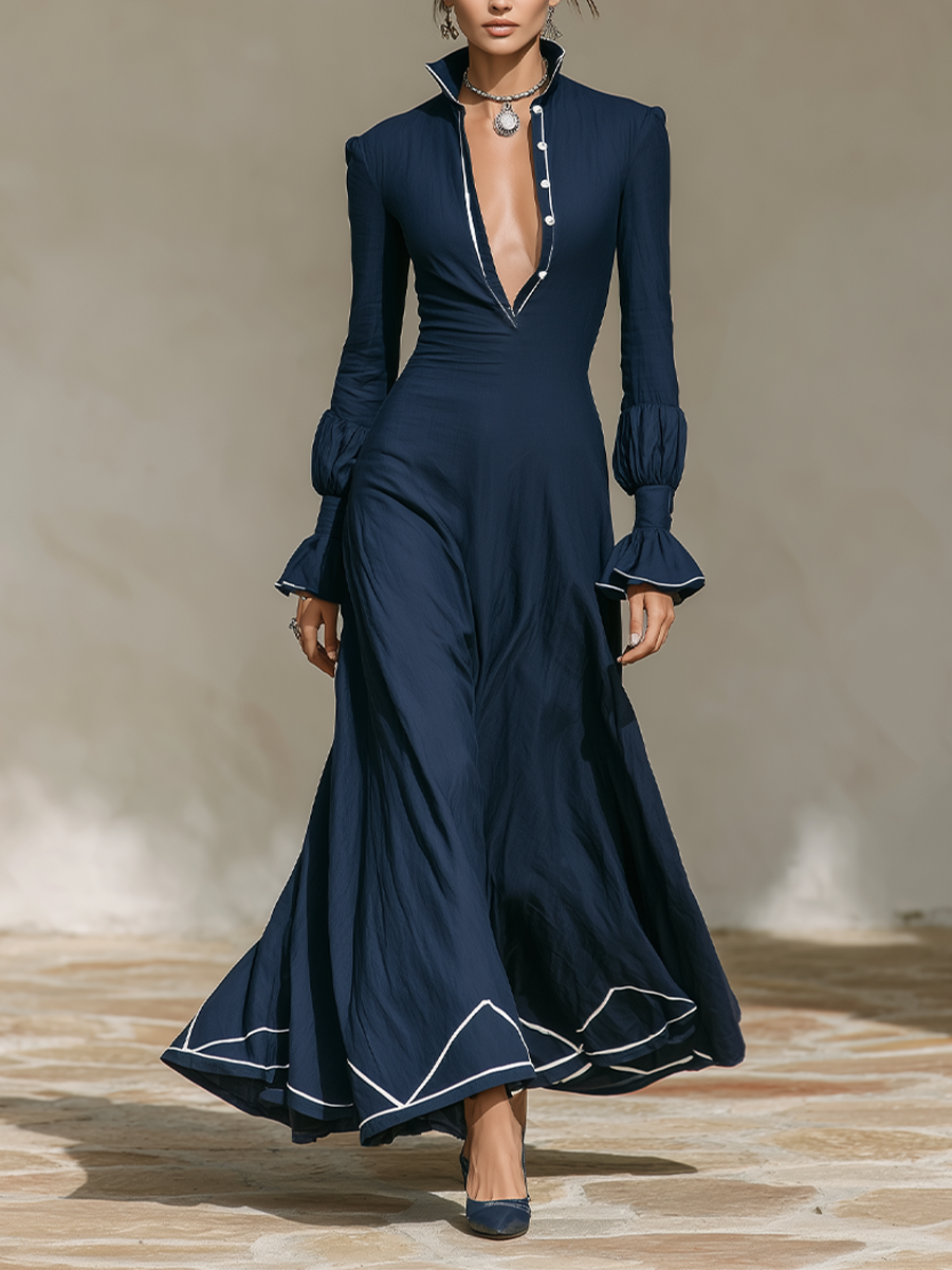 Women's Vacation Contrast Trim Flare Sleeve Maxi Dress