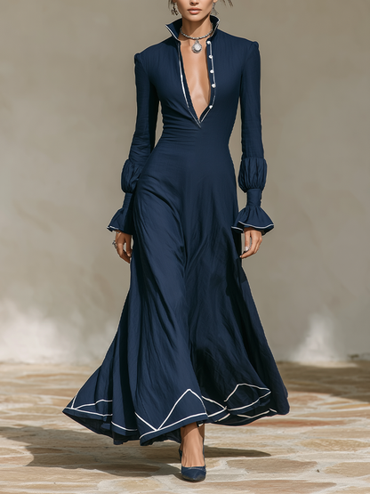 Women's Vacation Contrast Trim Flare Sleeve Maxi Dress