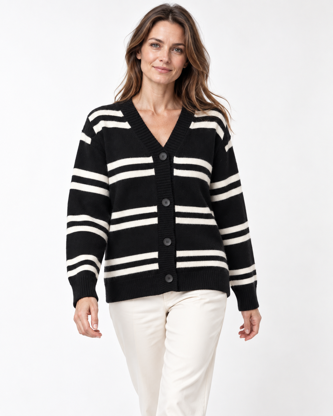 Women's Black and White Striped Cardigan – V-Neck Button-Up Knit Sweater