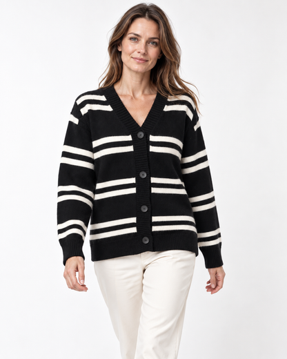 Women's Black and White Striped Cardigan – V-Neck Button-Up Knit Sweater